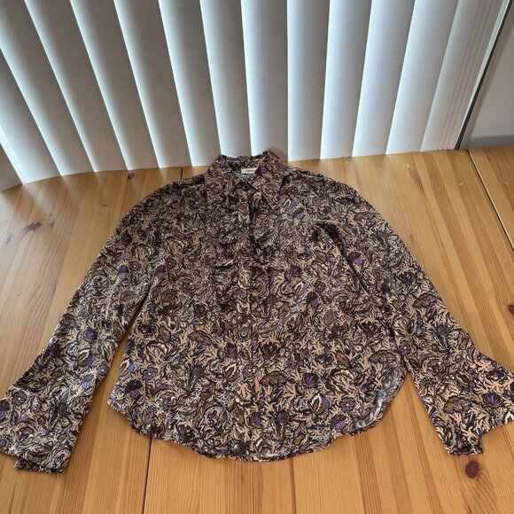 Zadig & Voltaire Tuska Satin Thorn Floral Button Down Shirt Ruffle Retro Boho S - Picture 3 of 8